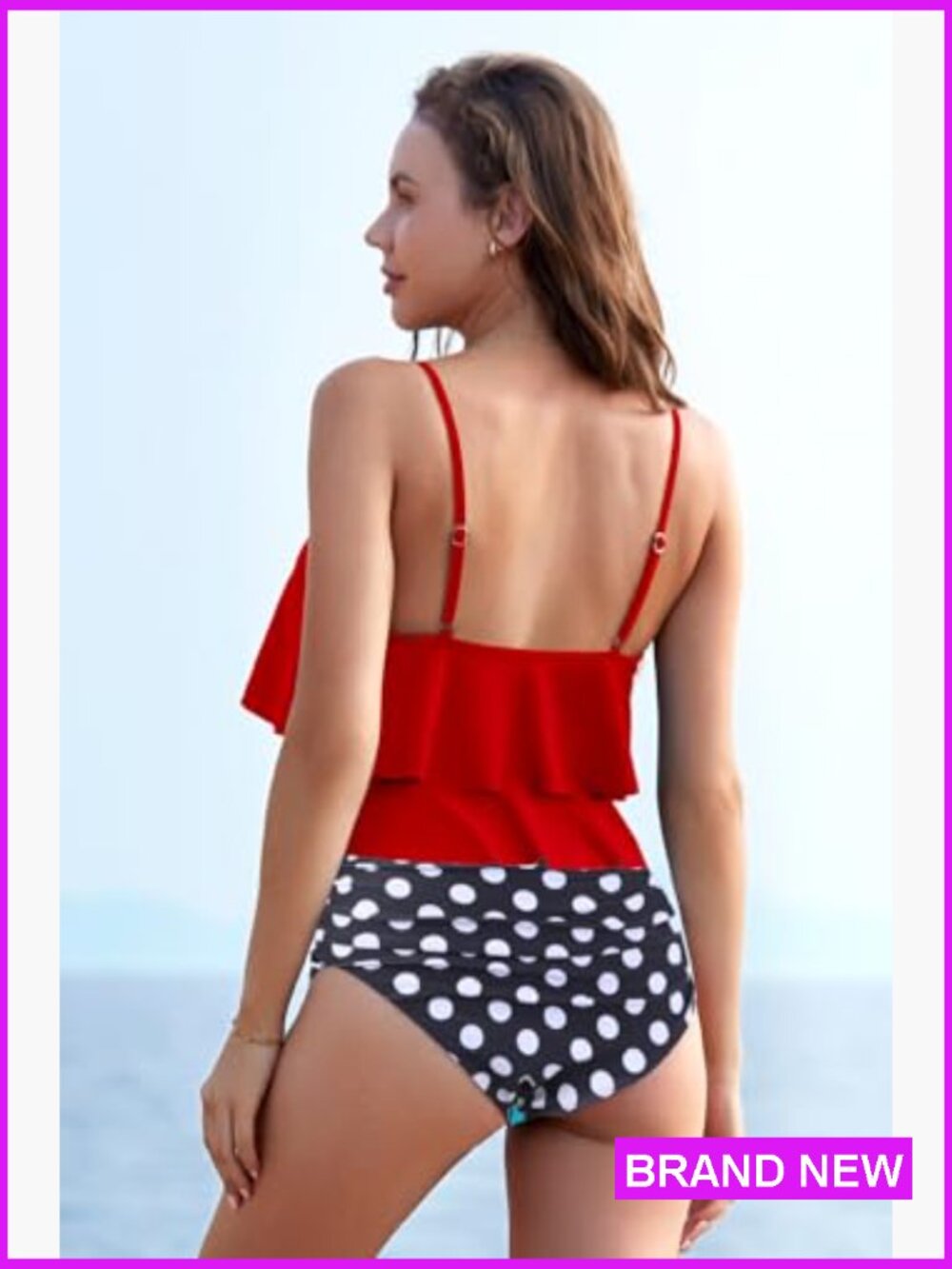 Flounce Tankini High Waisted Tummy Control Halter Neck Swim Set Sleeveless - Picture 3 of 7